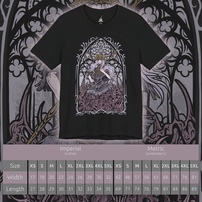 Size chart of a T-shirt design of Aldrich, Devourer of Gods from Dark Souls III, emerging as a grotesque mass of black sludge and bone within the desecrated cathedral of Anor Londo. The upper body of Gwyndolin hangs suspended above the writhing abyssal form, golden light clashing against encroaching darkness. The design captures cannibalistic ascension, corrupted divinity, and the horror of a god consumed.