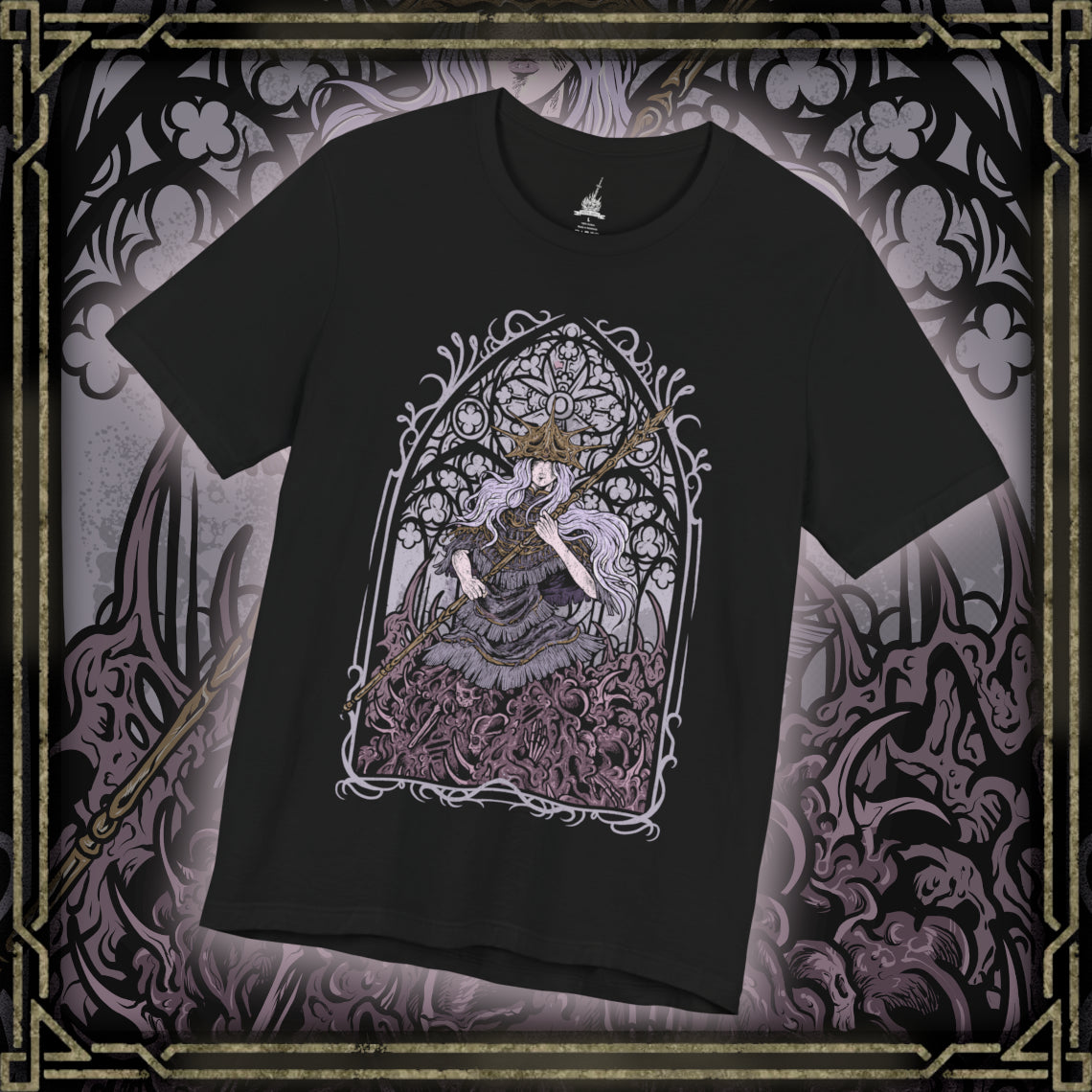 Thumbnail of a T-shirt design of Aldrich, Devourer of Gods from Dark Souls III, emerging as a grotesque mass of black sludge and bone within the desecrated cathedral of Anor Londo. The upper body of Gwyndolin hangs suspended above the writhing abyssal form, golden light clashing against encroaching darkness. The design captures cannibalistic ascension, corrupted divinity, and the horror of a god consumed.