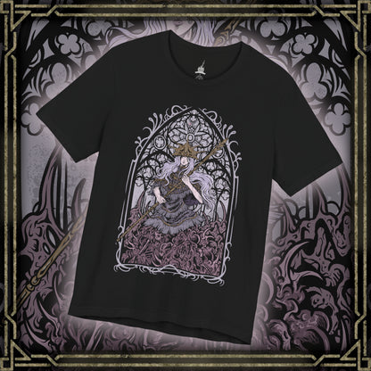 Thumbnail of a T-shirt design of Aldrich, Devourer of Gods from Dark Souls III, emerging as a grotesque mass of black sludge and bone within the desecrated cathedral of Anor Londo. The upper body of Gwyndolin hangs suspended above the writhing abyssal form, golden light clashing against encroaching darkness. The design captures cannibalistic ascension, corrupted divinity, and the horror of a god consumed.