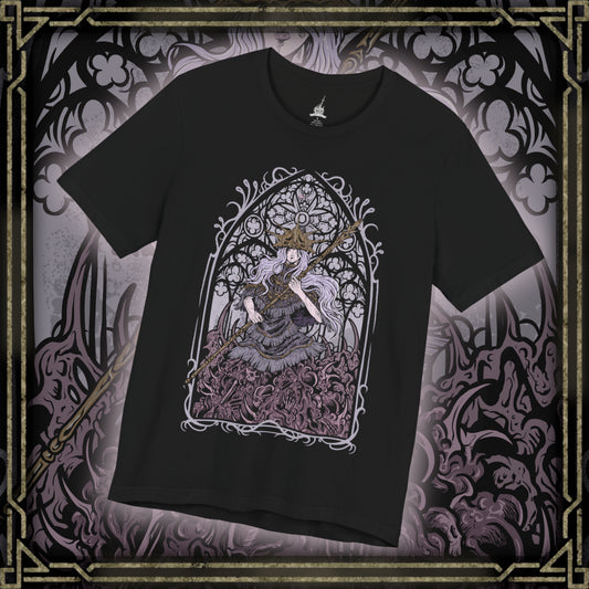 Thumbnail of a T-shirt design of Aldrich, Devourer of Gods from Dark Souls III, emerging as a grotesque mass of black sludge and bone within the desecrated cathedral of Anor Londo. The upper body of Gwyndolin hangs suspended above the writhing abyssal form, golden light clashing against encroaching darkness. The design captures cannibalistic ascension, corrupted divinity, and the horror of a god consumed.
