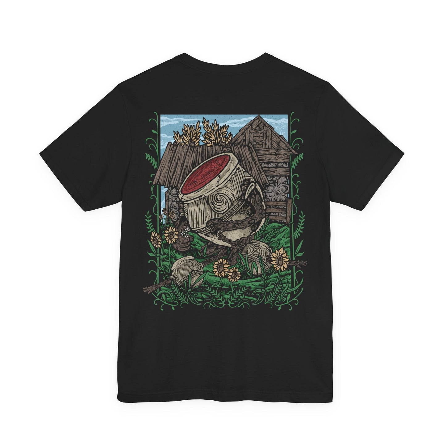 Image 5 of a T-Shirt artwork depicting Alexander the Warrior Jar resting among the tranquil gardens of Jarburg, surrounded by colorful flowers, smaller Living Jars, and lush vegetation. Despite his imposing warrior reputation, the peaceful setting reveals a gentler side of the famous jar warrior. This design reflects Alexander's love of battle, his determination to grow stronger, and his unforgettable journey across the Lands Between.
