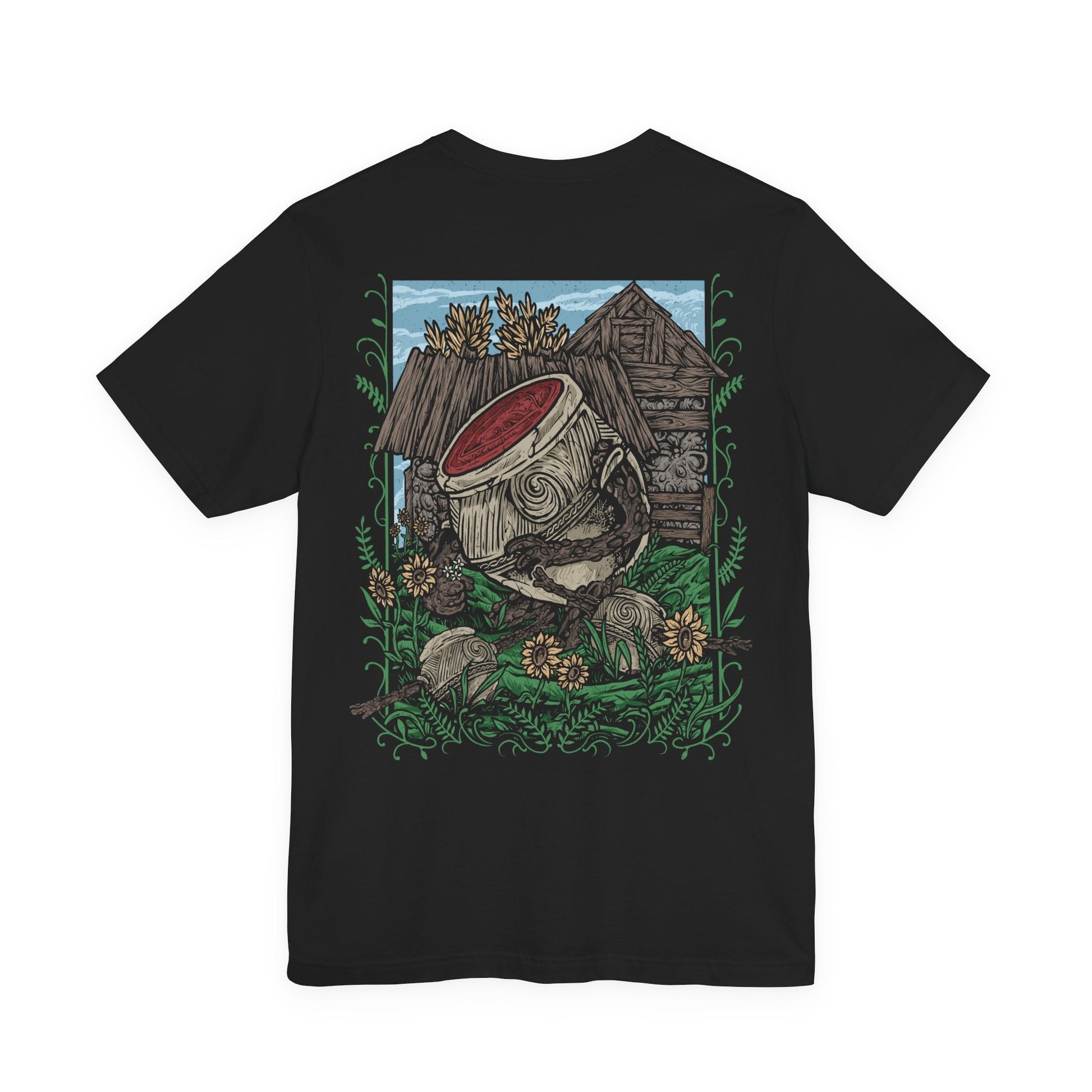 Image 5 of a T-Shirt artwork depicting Alexander the Warrior Jar resting among the tranquil gardens of Jarburg, surrounded by colorful flowers, smaller Living Jars, and lush vegetation. Despite his imposing warrior reputation, the peaceful setting reveals a gentler side of the famous jar warrior. This design reflects Alexander's love of battle, his determination to grow stronger, and his unforgettable journey across the Lands Between.