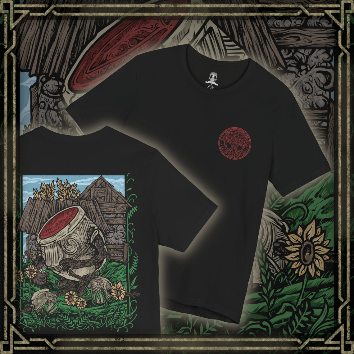 Thumbnail of a T-Shirt artwork depicting Alexander the Warrior Jar resting among the tranquil gardens of Jarburg, surrounded by colorful flowers, smaller Living Jars, and lush vegetation. Despite his imposing warrior reputation, the peaceful setting reveals a gentler side of the famous jar warrior. This design reflects Alexander's love of battle, his determination to grow stronger, and his unforgettable journey across the Lands Between.
