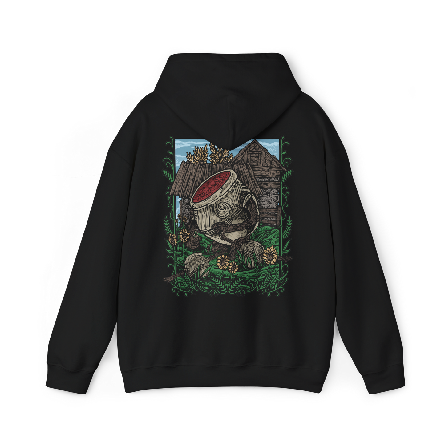 Image 5 of a Hooded Sweatshirt of Iron Fist Alexander standing proudly in Jarburg beneath a warm golden sky, his massive jar body covered in battle-worn cracks while flowers and greenery surround his feet. The peaceful village contrasts with his legendary warrior ambitions, capturing the humor, heart, and bravery of one of Elden Ring's most beloved characters. The composition celebrates adventure, friendship, and the warrior's unshakable resolve.