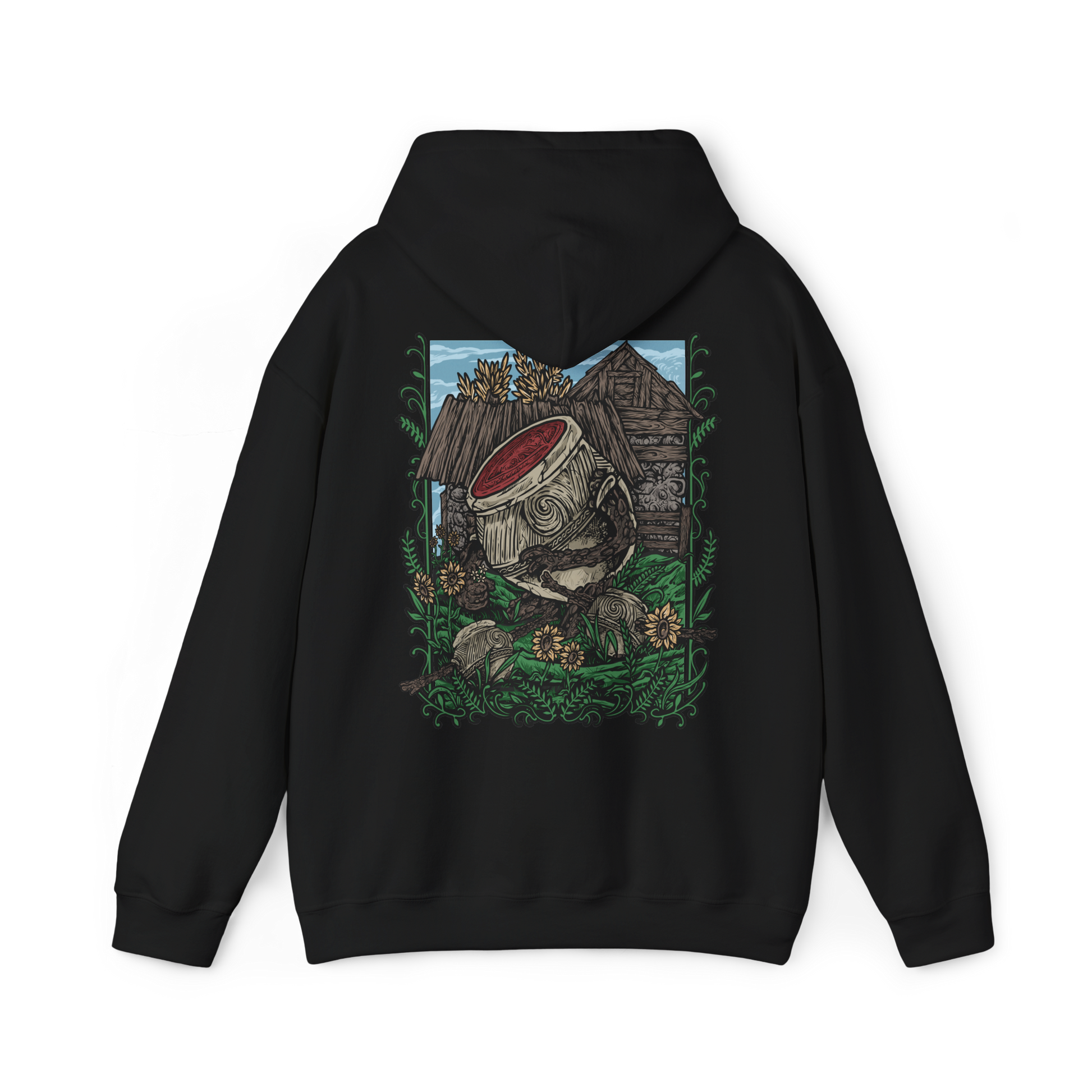 Image 5 of a Hooded Sweatshirt of Iron Fist Alexander standing proudly in Jarburg beneath a warm golden sky, his massive jar body covered in battle-worn cracks while flowers and greenery surround his feet. The peaceful village contrasts with his legendary warrior ambitions, capturing the humor, heart, and bravery of one of Elden Ring's most beloved characters. The composition celebrates adventure, friendship, and the warrior's unshakable resolve.