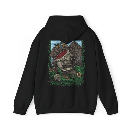 Image 5 of a Hooded Sweatshirt of Iron Fist Alexander standing proudly in Jarburg beneath a warm golden sky, his massive jar body covered in battle-worn cracks while flowers and greenery surround his feet. The peaceful village contrasts with his legendary warrior ambitions, capturing the humor, heart, and bravery of one of Elden Ring's most beloved characters. The composition celebrates adventure, friendship, and the warrior's unshakable resolve.
