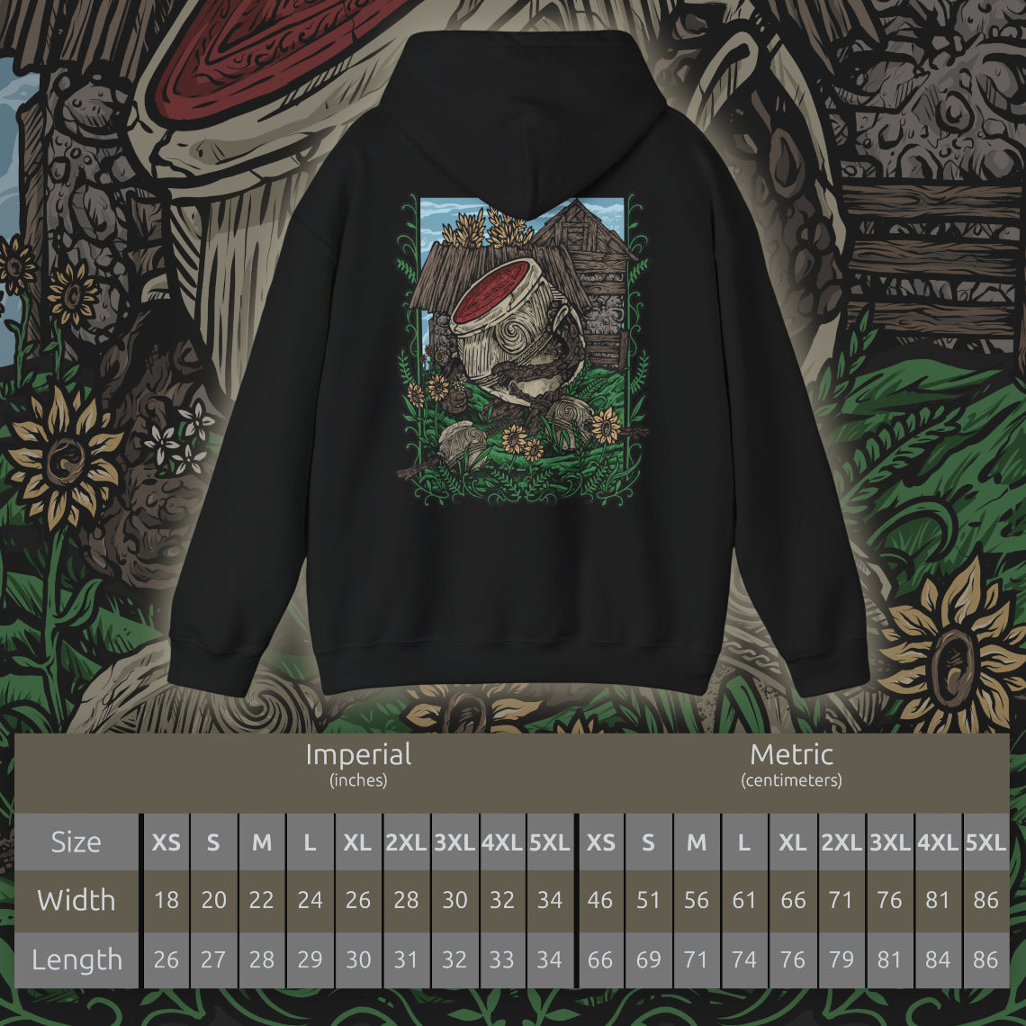 Size chart of a Hooded Sweatshirt of Iron Fist Alexander standing proudly in Jarburg beneath a warm golden sky, his massive jar body covered in battle-worn cracks while flowers and greenery surround his feet. The peaceful village contrasts with his legendary warrior ambitions, capturing the humor, heart, and bravery of one of Elden Ring's most beloved characters. The composition celebrates adventure, friendship, and the warrior's unshakable resolve.