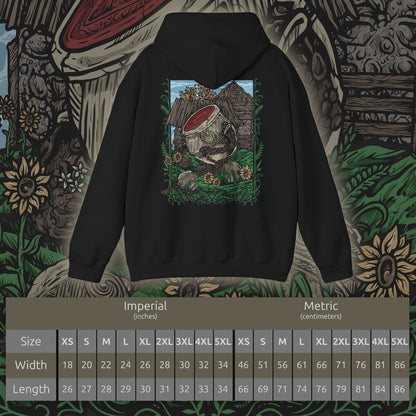 Size chart of a Hooded Sweatshirt of Iron Fist Alexander standing proudly in Jarburg beneath a warm golden sky, his massive jar body covered in battle-worn cracks while flowers and greenery surround his feet. The peaceful village contrasts with his legendary warrior ambitions, capturing the humor, heart, and bravery of one of Elden Ring's most beloved characters. The composition celebrates adventure, friendship, and the warrior's unshakable resolve.