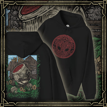 Thumbnail of a Hooded Sweatshirt of Iron Fist Alexander standing proudly in Jarburg beneath a warm golden sky, his massive jar body covered in battle-worn cracks while flowers and greenery surround his feet. The peaceful village contrasts with his legendary warrior ambitions, capturing the humor, heart, and bravery of one of Elden Ring's most beloved characters. The composition celebrates adventure, friendship, and the warrior's unshakable resolve.