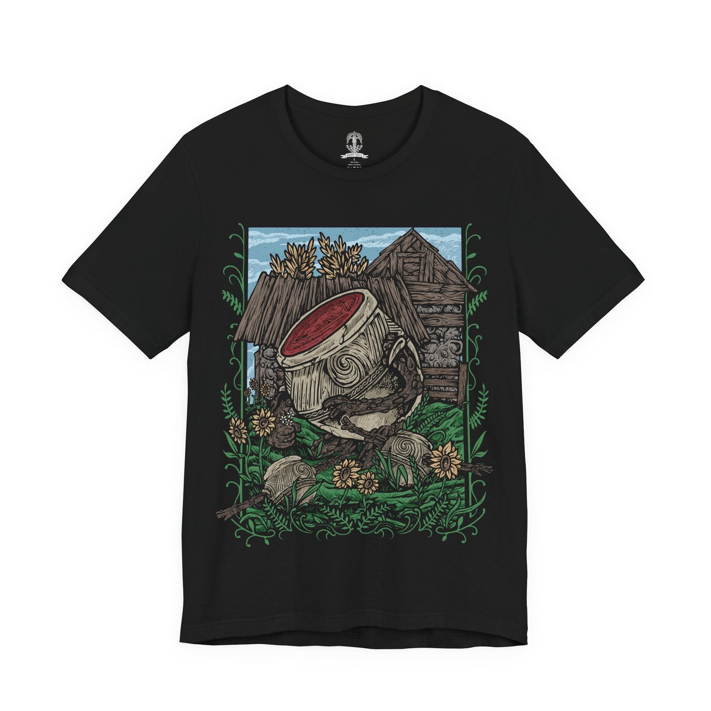 Image 4 of a T-Shirt design of Iron Fist Alexander, the Warrior Jar from Elden Ring, standing proudly among the peaceful flower-filled village of Jarburg. His enormous clay body is decorated with cracks and battle scars as sunlight illuminates the jars and stone paths around him. The design captures Alexander's adventurous spirit, unwavering courage, and dream of becoming a mighty warrior worthy of legendary battles.