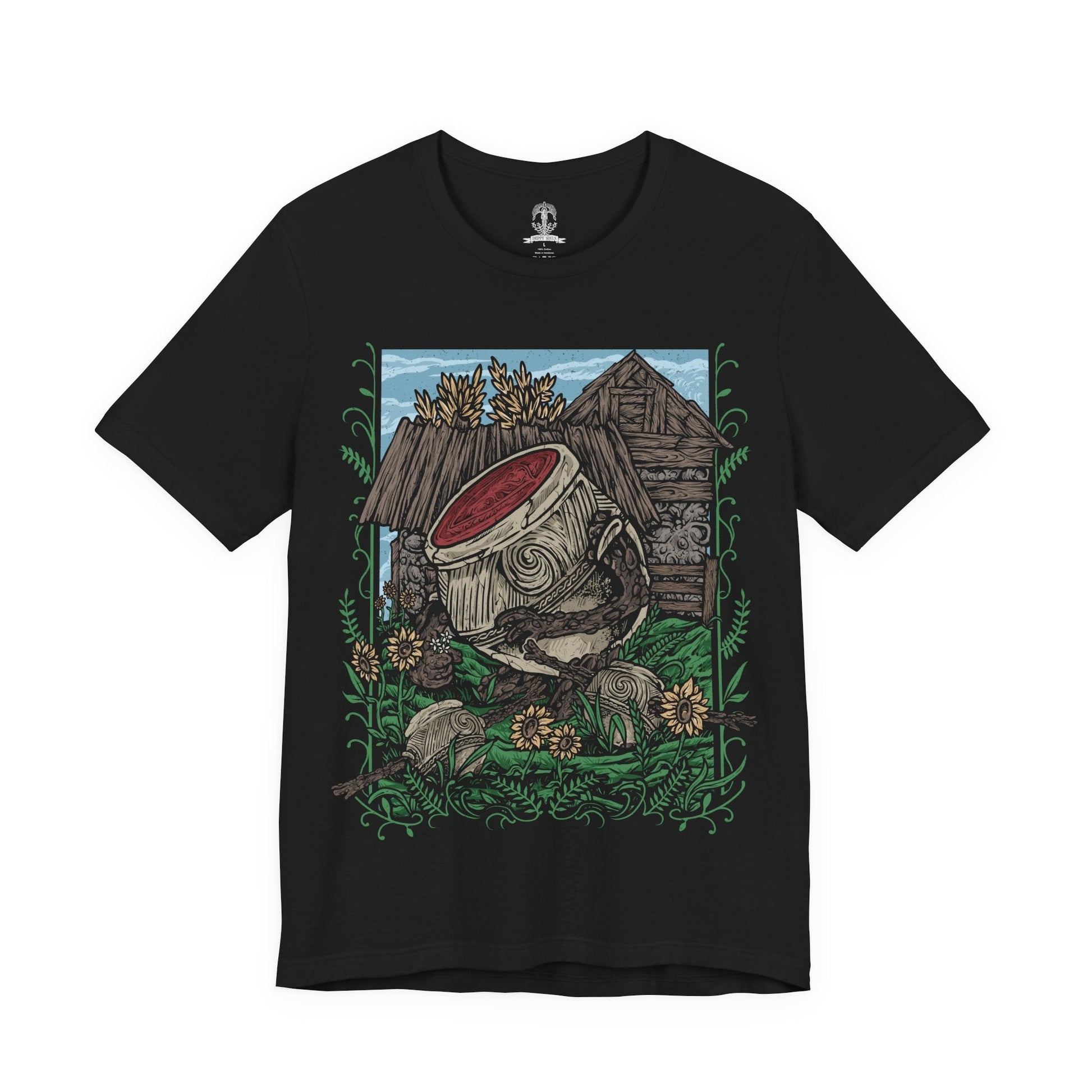 Image 4 of a T-Shirt design of Iron Fist Alexander, the Warrior Jar from Elden Ring, standing proudly among the peaceful flower-filled village of Jarburg. His enormous clay body is decorated with cracks and battle scars as sunlight illuminates the jars and stone paths around him. The design captures Alexander's adventurous spirit, unwavering courage, and dream of becoming a mighty warrior worthy of legendary battles.