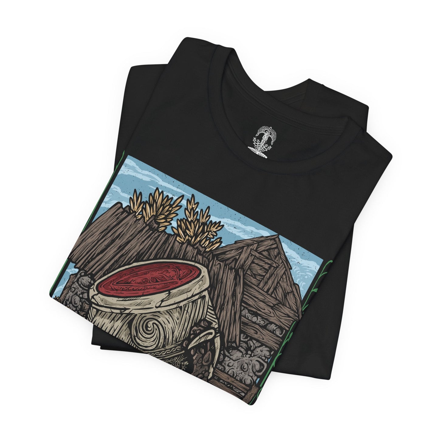 Image 5 of a T-Shirt design of Iron Fist Alexander, the Warrior Jar from Elden Ring, standing proudly among the peaceful flower-filled village of Jarburg. His enormous clay body is decorated with cracks and battle scars as sunlight illuminates the jars and stone paths around him. The design captures Alexander's adventurous spirit, unwavering courage, and dream of becoming a mighty warrior worthy of legendary battles.