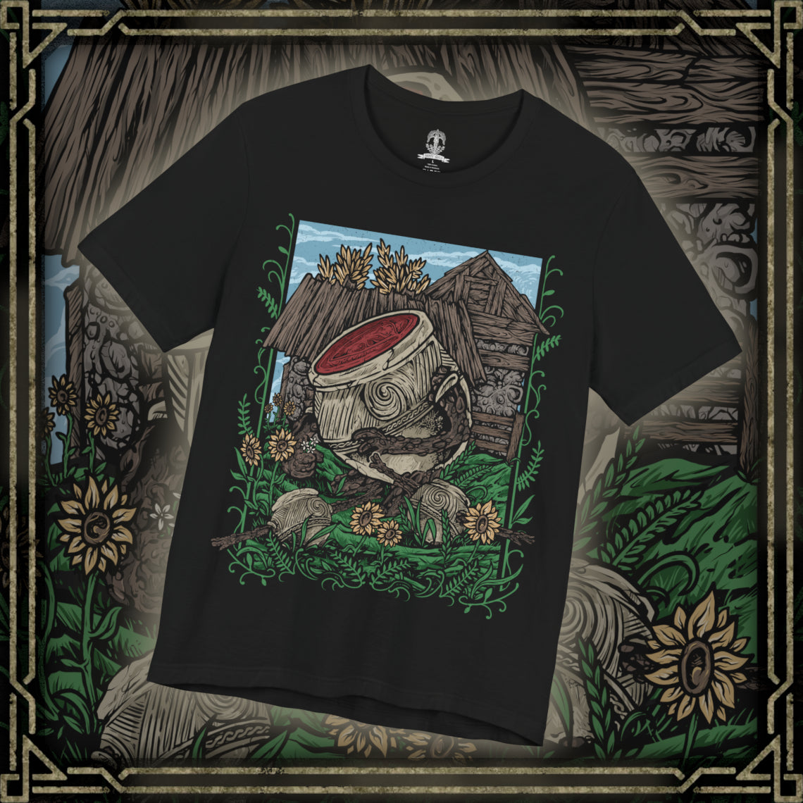 Thumbnail of a T-Shirt design of Iron Fist Alexander, the Warrior Jar from Elden Ring, standing proudly among the peaceful flower-filled village of Jarburg. His enormous clay body is decorated with cracks and battle scars as sunlight illuminates the jars and stone paths around him. The design captures Alexander's adventurous spirit, unwavering courage, and dream of becoming a mighty warrior worthy of legendary battles.