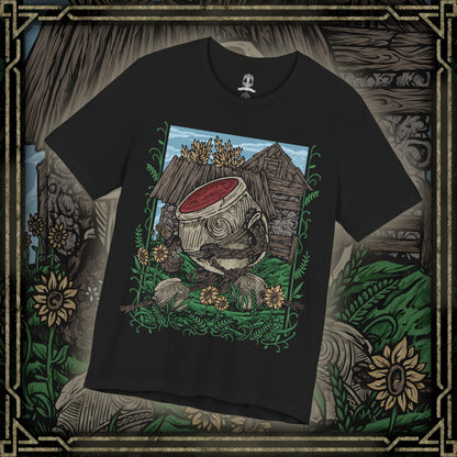 Thumbnail of a T-Shirt design of Iron Fist Alexander, the Warrior Jar from Elden Ring, standing proudly among the peaceful flower-filled village of Jarburg. His enormous clay body is decorated with cracks and battle scars as sunlight illuminates the jars and stone paths around him. The design captures Alexander's adventurous spirit, unwavering courage, and dream of becoming a mighty warrior worthy of legendary battles.