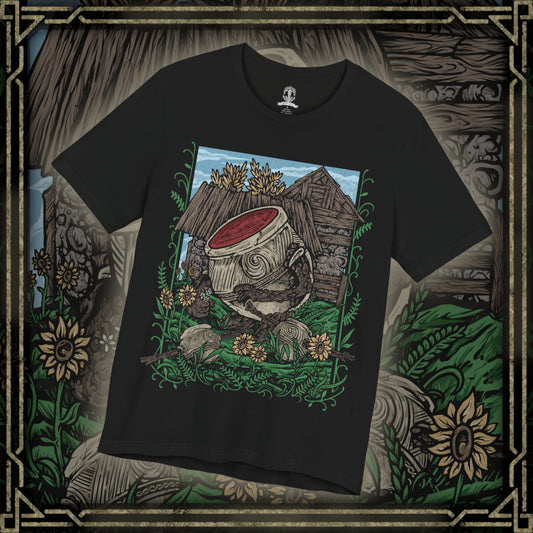 Thumbnail of a T-Shirt design of Iron Fist Alexander, the Warrior Jar from Elden Ring, standing proudly among the peaceful flower-filled village of Jarburg. His enormous clay body is decorated with cracks and battle scars as sunlight illuminates the jars and stone paths around him. The design captures Alexander's adventurous spirit, unwavering courage, and dream of becoming a mighty warrior worthy of legendary battles.