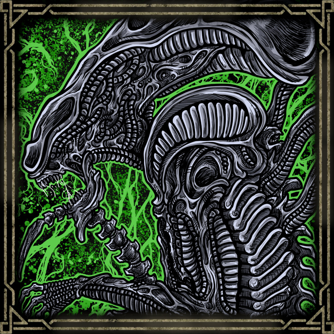 Artwork of Alien Xenomorph. The Xenomorph is the ultimate extraterrestrial predator from Alien, designed for survival, adaptation, and annihilation. With acidic blood, a biomechanical body, and a terrifying lifecycle, it evolves through hosts into the perfect killing machine. Silent, relentless, and intelligent, the Xenomorph embodies pure horror in sci-fi history.