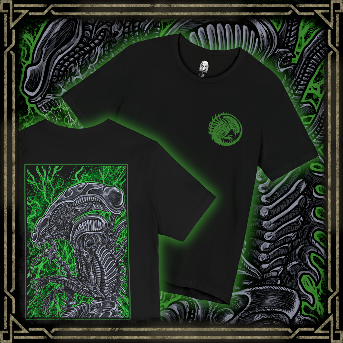 Thumbnail of a T-Shirt artwork depicting a Xenomorph stalking through a dark spaceship corridor, steam rising from vents as its skeletal body blends into the environment. Its tail coils behind it while dim red lights flicker across metallic walls. This design reflects survival horror at its peak, emphasizing stealth, fear, and the relentless nature of one of cinema’s most iconic monsters.