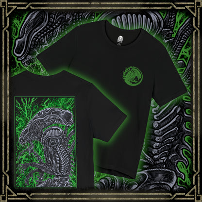 Thumbnail of a T-Shirt artwork depicting a Xenomorph stalking through a dark spaceship corridor, steam rising from vents as its skeletal body blends into the environment. Its tail coils behind it while dim red lights flicker across metallic walls. This design reflects survival horror at its peak, emphasizing stealth, fear, and the relentless nature of one of cinema’s most iconic monsters.