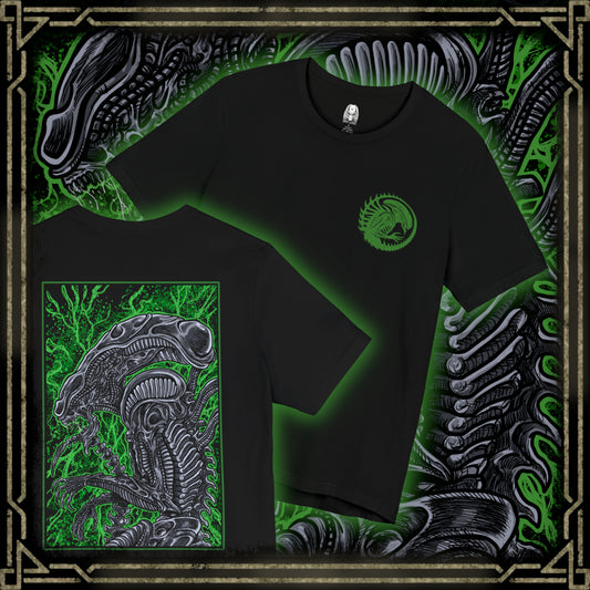 Thumbnail of a T-Shirt artwork depicting a Xenomorph stalking through a dark spaceship corridor, steam rising from vents as its skeletal body blends into the environment. Its tail coils behind it while dim red lights flicker across metallic walls. This design reflects survival horror at its peak, emphasizing stealth, fear, and the relentless nature of one of cinema’s most iconic monsters.