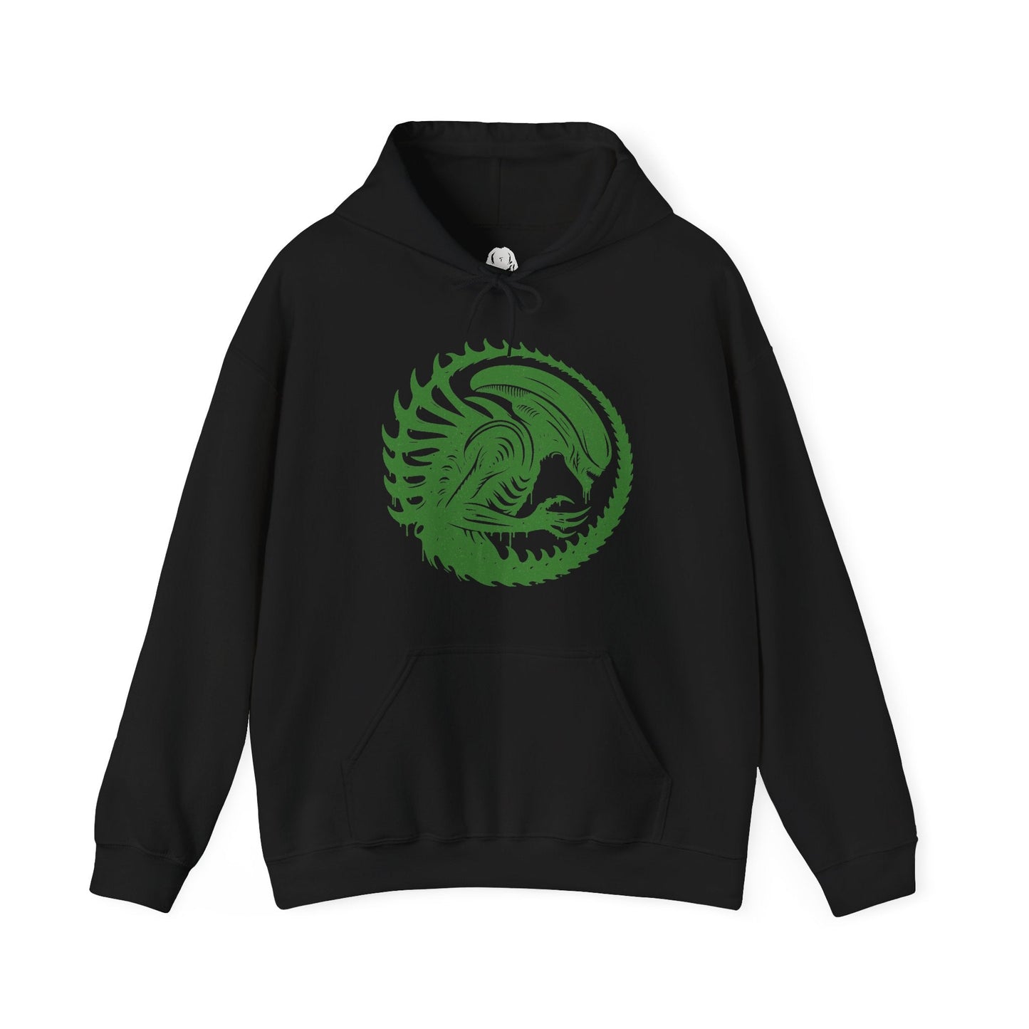 Image 4 of a Hooded Sweatshirt of a Xenomorph standing over its prey in a dimly lit chamber, its glossy exoskeleton reflecting harsh industrial lighting. Shadows stretch across the floor as its elongated skull tilts forward, ready to attack. The composition emphasizes isolation, terror, and the unstoppable instinct of a creature designed purely for survival and dominance.