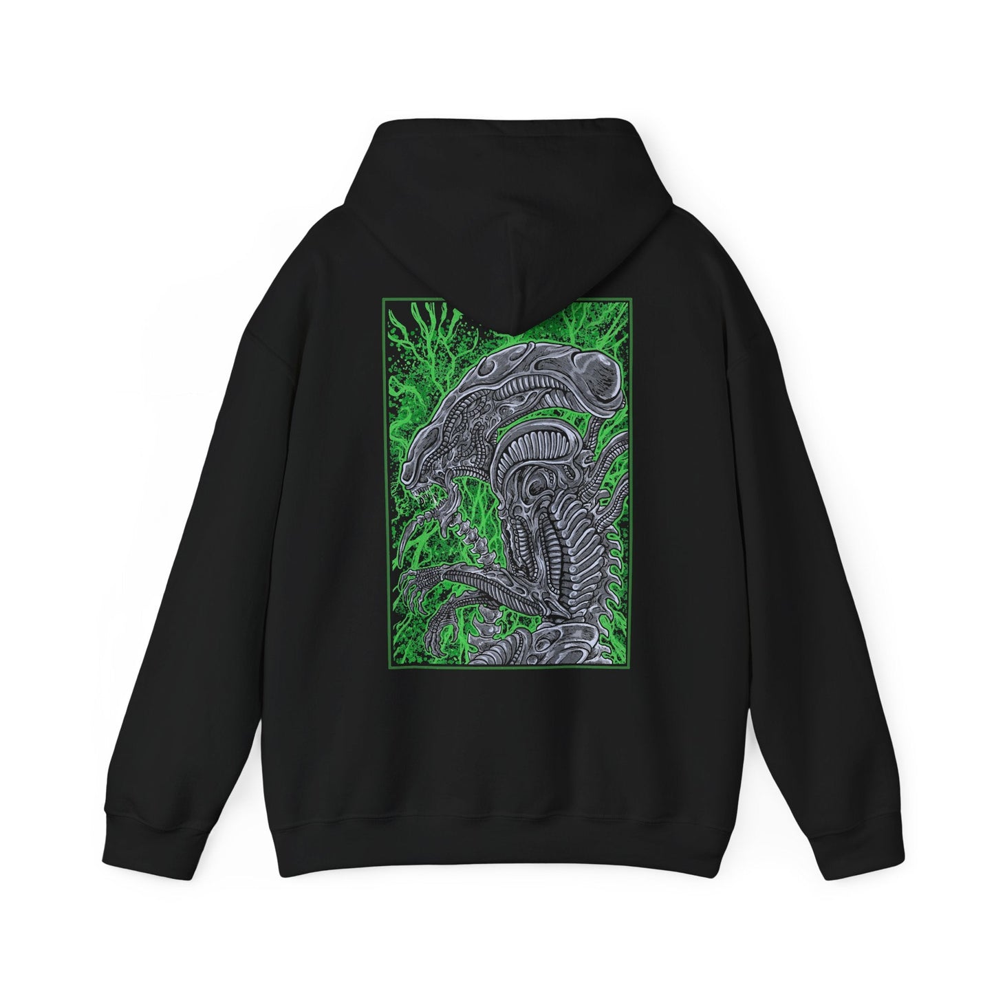 Image 5 of a Hooded Sweatshirt of a Xenomorph standing over its prey in a dimly lit chamber, its glossy exoskeleton reflecting harsh industrial lighting. Shadows stretch across the floor as its elongated skull tilts forward, ready to attack. The composition emphasizes isolation, terror, and the unstoppable instinct of a creature designed purely for survival and dominance.