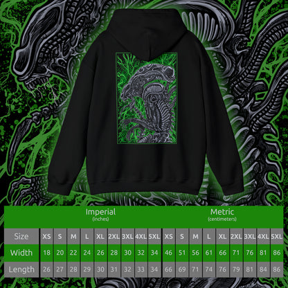 Size chart of a Hooded Sweatshirt of a Xenomorph standing over its prey in a dimly lit chamber, its glossy exoskeleton reflecting harsh industrial lighting. Shadows stretch across the floor as its elongated skull tilts forward, ready to attack. The composition emphasizes isolation, terror, and the unstoppable instinct of a creature designed purely for survival and dominance.