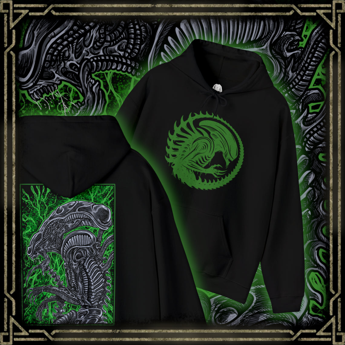 Thumbnail of a Hooded Sweatshirt of a Xenomorph standing over its prey in a dimly lit chamber, its glossy exoskeleton reflecting harsh industrial lighting. Shadows stretch across the floor as its elongated skull tilts forward, ready to attack. The composition emphasizes isolation, terror, and the unstoppable instinct of a creature designed purely for survival and dominance.