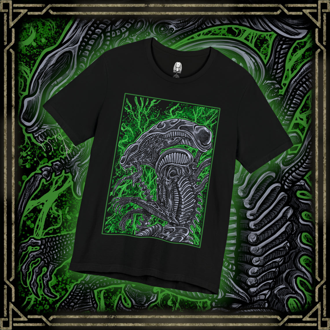 Thumbnail of a T-Shirt design of a Xenomorph from Alien, emerging from deep shadows with its elongated biomechanical head glistening under dim industrial light. Acidic saliva drips from its jaws as its inner mouth prepares to strike. The design captures the creature’s perfect organism form, blending organic horror with cold alien precision in a setting filled with tension and dread.