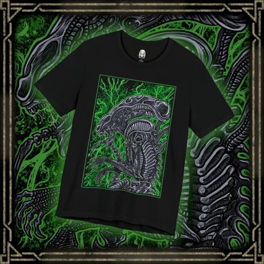 Thumbnail of a T-Shirt design of a Xenomorph from Alien, emerging from deep shadows with its elongated biomechanical head glistening under dim industrial light. Acidic saliva drips from its jaws as its inner mouth prepares to strike. The design captures the creature’s perfect organism form, blending organic horror with cold alien precision in a setting filled with tension and dread.
