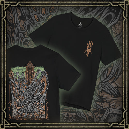 Thumbnail of a Bloodborne T-shirt showcasing Amygdala, one of the Great Ones lurking in the Nightmare Frontier. Its elongated limbs and haunting visage represent the alien majesty and cruelty of the cosmos. This artwork evokes the game’s Lovecraftian essence—fear, awe, and the revelation that gods walk unseen among men.