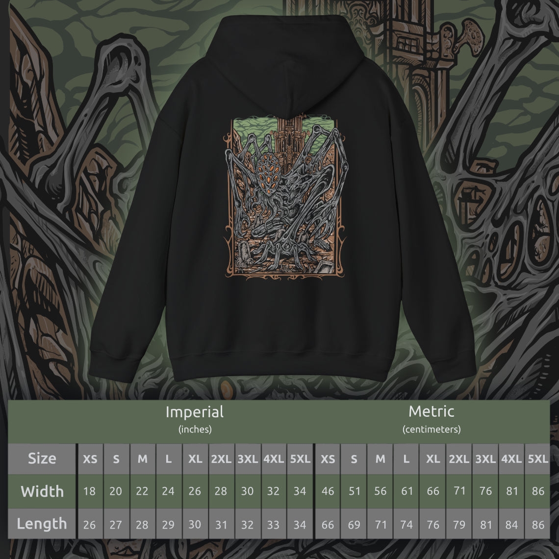 Size chart of a Hooded Sweatshirt featuring Amygdala from Bloodborne, the immense cosmic being who looms over the world beyond human understanding. A creature of both terror and divinity, Amygdala’s presence warps reality itself. This design captures its unsettling majesty, symbolizing the themes of cosmic insignificance and forbidden knowledge.