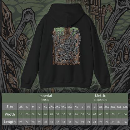 Size chart of a Hooded Sweatshirt featuring Amygdala from Bloodborne, the immense cosmic being who looms over the world beyond human understanding. A creature of both terror and divinity, Amygdala’s presence warps reality itself. This design captures its unsettling majesty, symbolizing the themes of cosmic insignificance and forbidden knowledge.