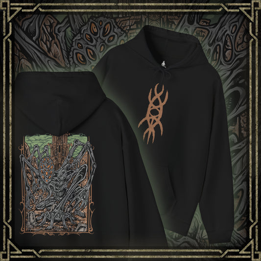 Thumbnail of a Hooded Sweatshirt featuring Amygdala from Bloodborne, the immense cosmic being who looms over the world beyond human understanding. A creature of both terror and divinity, Amygdala’s presence warps reality itself. This design captures its unsettling majesty, symbolizing the themes of cosmic insignificance and forbidden knowledge.