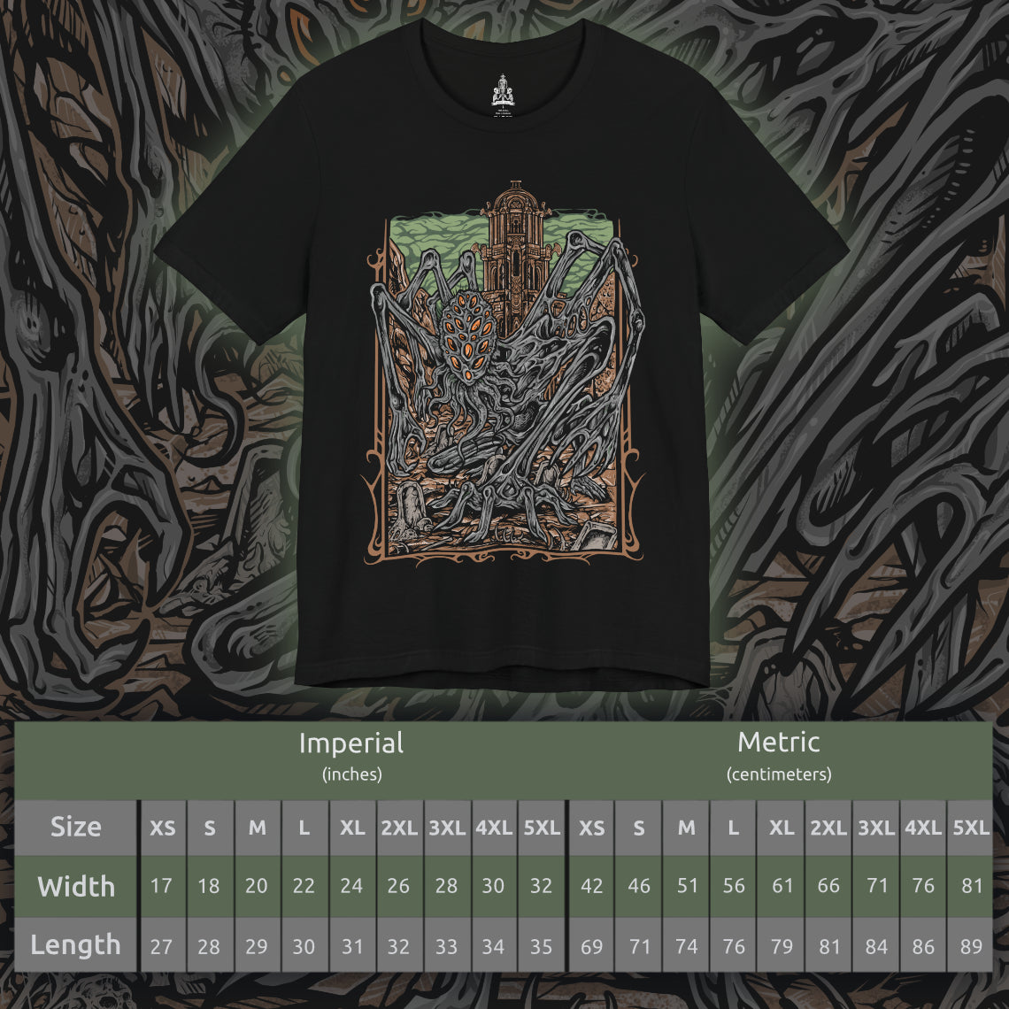 Size chart of a T-shirt featuring Amygdala from Bloodborne, the towering Great One worshiped by the insane and unseen by most. With countless arms and a grotesque, otherworldly form, Amygdala embodies cosmic dread and the insignificance of humanity before the eldritch. This design captures its nightmarish beauty, a haunting icon of Yharnam’s cosmic horror.