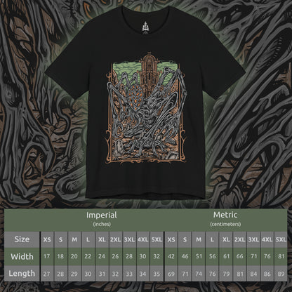 Size chart of a T-shirt featuring Amygdala from Bloodborne, the towering Great One worshiped by the insane and unseen by most. With countless arms and a grotesque, otherworldly form, Amygdala embodies cosmic dread and the insignificance of humanity before the eldritch. This design captures its nightmarish beauty, a haunting icon of Yharnam’s cosmic horror.