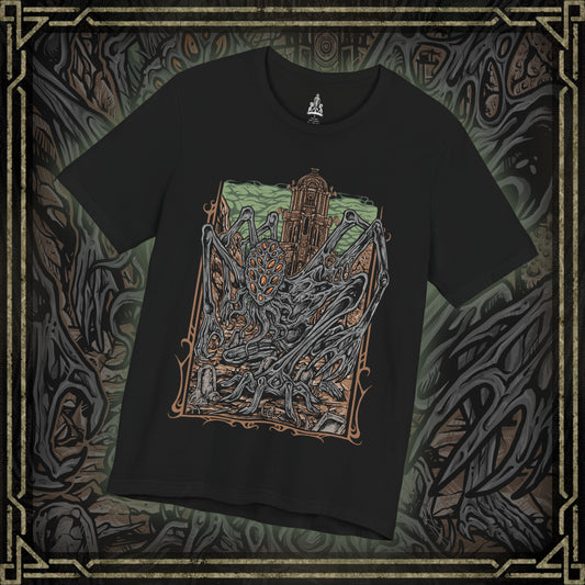 Thumbnail of a T-shirt featuring Amygdala from Bloodborne, the towering Great One worshiped by the insane and unseen by most. With countless arms and a grotesque, otherworldly form, Amygdala embodies cosmic dread and the insignificance of humanity before the eldritch. This design captures its nightmarish beauty, a haunting icon of Yharnam’s cosmic horror.