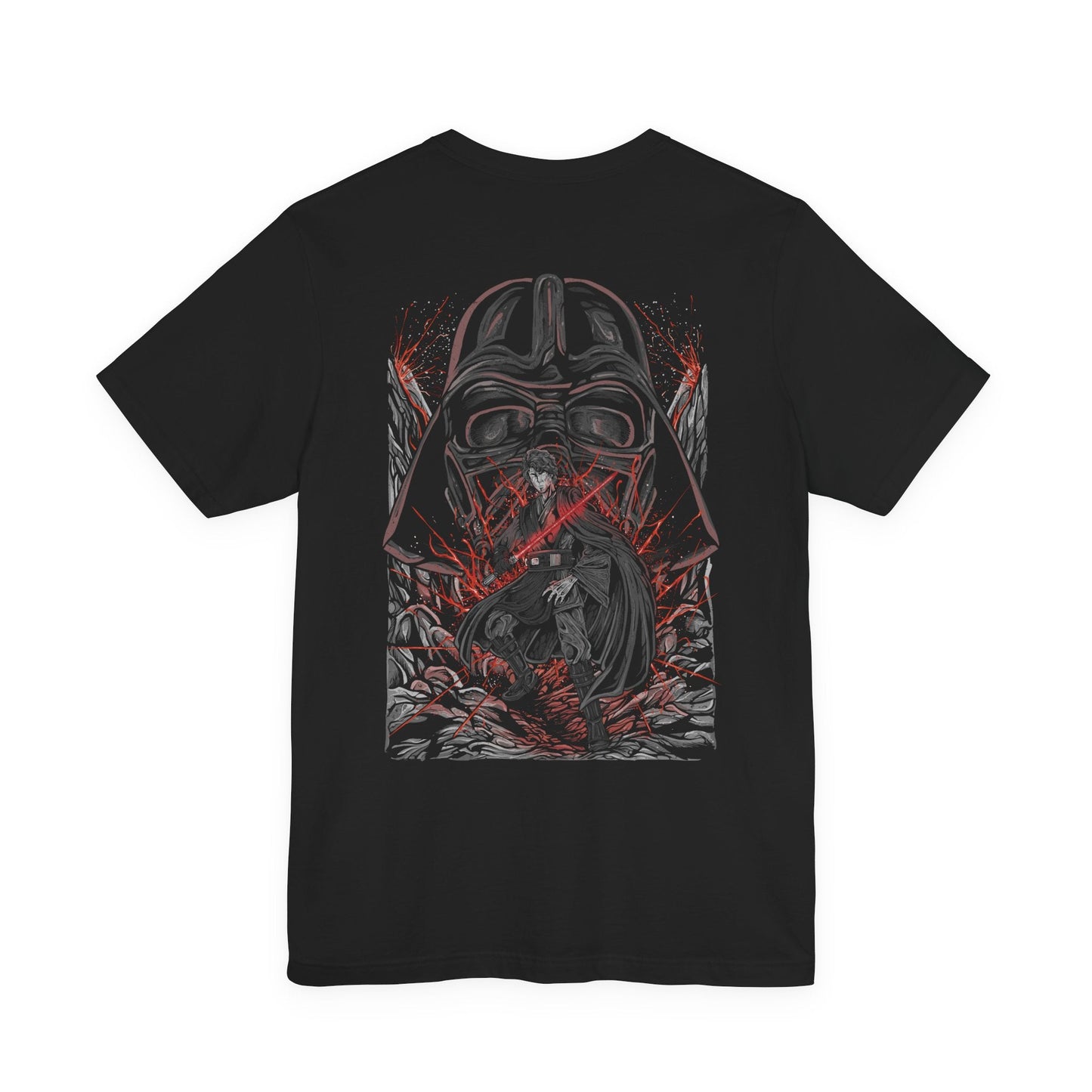 Image 5 of a T-Shirt artwork depicting Anakin Skywalker transitioning into Darth Vader, with flames and darkness consuming the scene as his Jedi robes fade into black armor. The glow of a lightsaber shifts from blue to red, reflecting his descent into the dark side. This design emphasizes betrayal, loss, and the emotional weight behind one of the most iconic character arcs in film history.