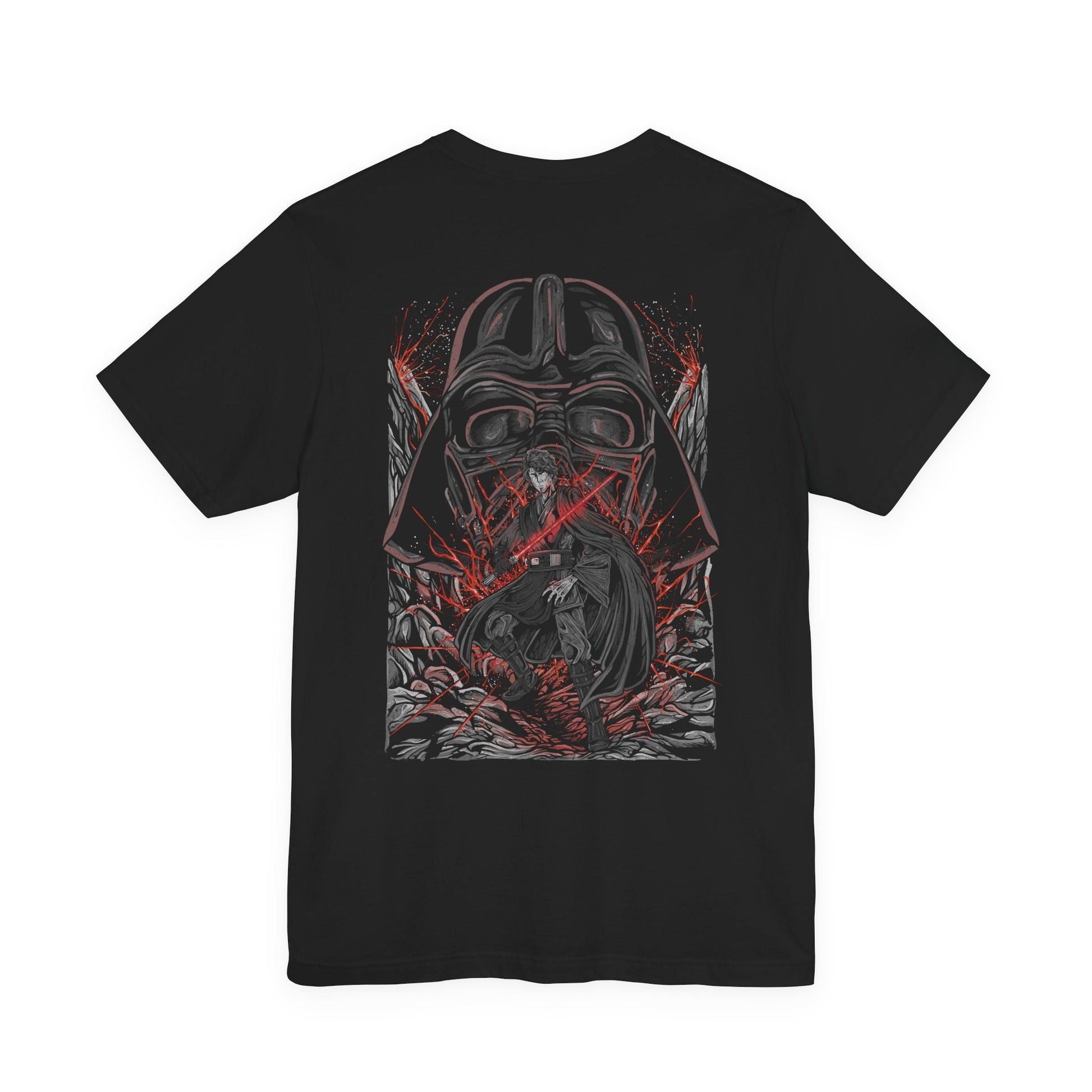 Image 5 of a T-Shirt artwork depicting Anakin Skywalker transitioning into Darth Vader, with flames and darkness consuming the scene as his Jedi robes fade into black armor. The glow of a lightsaber shifts from blue to red, reflecting his descent into the dark side. This design emphasizes betrayal, loss, and the emotional weight behind one of the most iconic character arcs in film history.