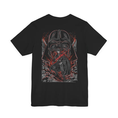 Image 5 of a T-Shirt artwork depicting Anakin Skywalker transitioning into Darth Vader, with flames and darkness consuming the scene as his Jedi robes fade into black armor. The glow of a lightsaber shifts from blue to red, reflecting his descent into the dark side. This design emphasizes betrayal, loss, and the emotional weight behind one of the most iconic character arcs in film history.