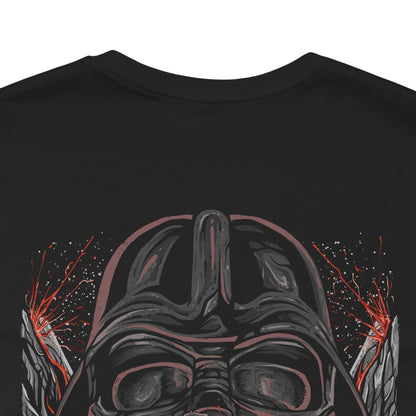Image 7 of a T-Shirt artwork depicting Anakin Skywalker transitioning into Darth Vader, with flames and darkness consuming the scene as his Jedi robes fade into black armor. The glow of a lightsaber shifts from blue to red, reflecting his descent into the dark side. This design emphasizes betrayal, loss, and the emotional weight behind one of the most iconic character arcs in film history.