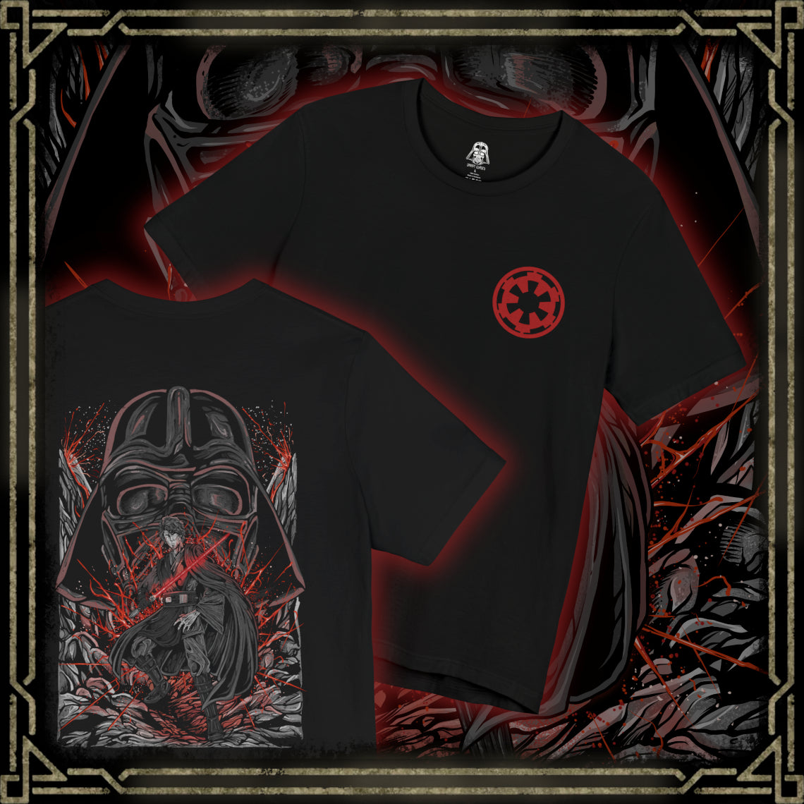 Thumbnail of a T-Shirt artwork depicting Anakin Skywalker transitioning into Darth Vader, with flames and darkness consuming the scene as his Jedi robes fade into black armor. The glow of a lightsaber shifts from blue to red, reflecting his descent into the dark side. This design emphasizes betrayal, loss, and the emotional weight behind one of the most iconic character arcs in film history.