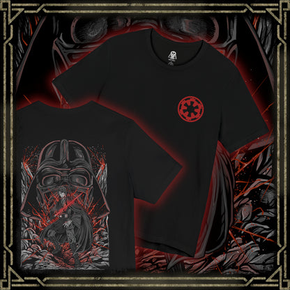 Thumbnail of a T-Shirt artwork depicting Anakin Skywalker transitioning into Darth Vader, with flames and darkness consuming the scene as his Jedi robes fade into black armor. The glow of a lightsaber shifts from blue to red, reflecting his descent into the dark side. This design emphasizes betrayal, loss, and the emotional weight behind one of the most iconic character arcs in film history.