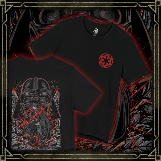 Thumbnail of a T-Shirt artwork depicting Anakin Skywalker transitioning into Darth Vader, with flames and darkness consuming the scene as his Jedi robes fade into black armor. The glow of a lightsaber shifts from blue to red, reflecting his descent into the dark side. This design emphasizes betrayal, loss, and the emotional weight behind one of the most iconic character arcs in film history.