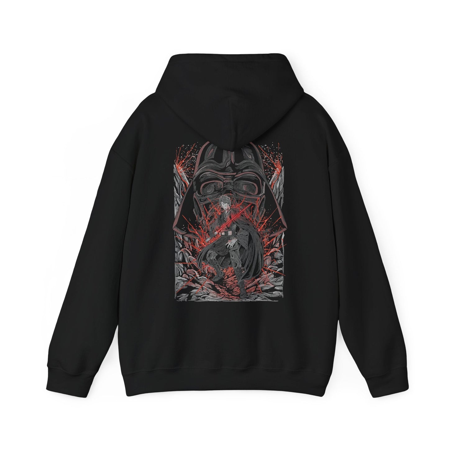 Image 5 of a Hooded Sweatshirt of Darth Vader looming behind Anakin Skywalker, his shadow cast across a war-torn landscape as echoes of the Clone Wars fade into darkness. Sparks and embers drift through the air as the two identities merge into one tragic figure. The composition highlights duality, fate, and the irreversible path from chosen hero to feared Sith Lord.