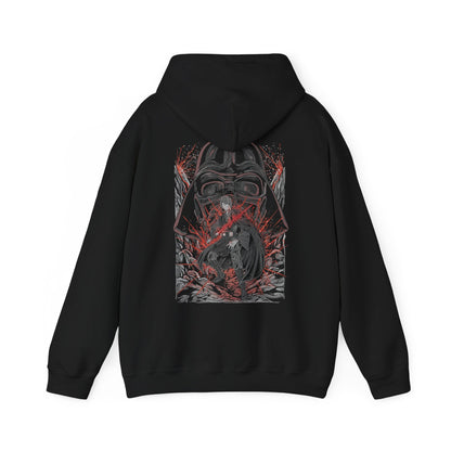 Image 5 of a Hooded Sweatshirt of Darth Vader looming behind Anakin Skywalker, his shadow cast across a war-torn landscape as echoes of the Clone Wars fade into darkness. Sparks and embers drift through the air as the two identities merge into one tragic figure. The composition highlights duality, fate, and the irreversible path from chosen hero to feared Sith Lord.