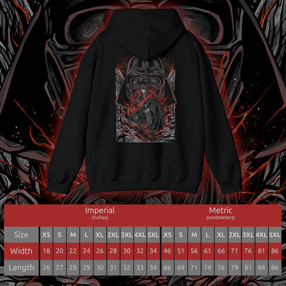 Size chart of a Hooded Sweatshirt of Darth Vader looming behind Anakin Skywalker, his shadow cast across a war-torn landscape as echoes of the Clone Wars fade into darkness. Sparks and embers drift through the air as the two identities merge into one tragic figure. The composition highlights duality, fate, and the irreversible path from chosen hero to feared Sith Lord.