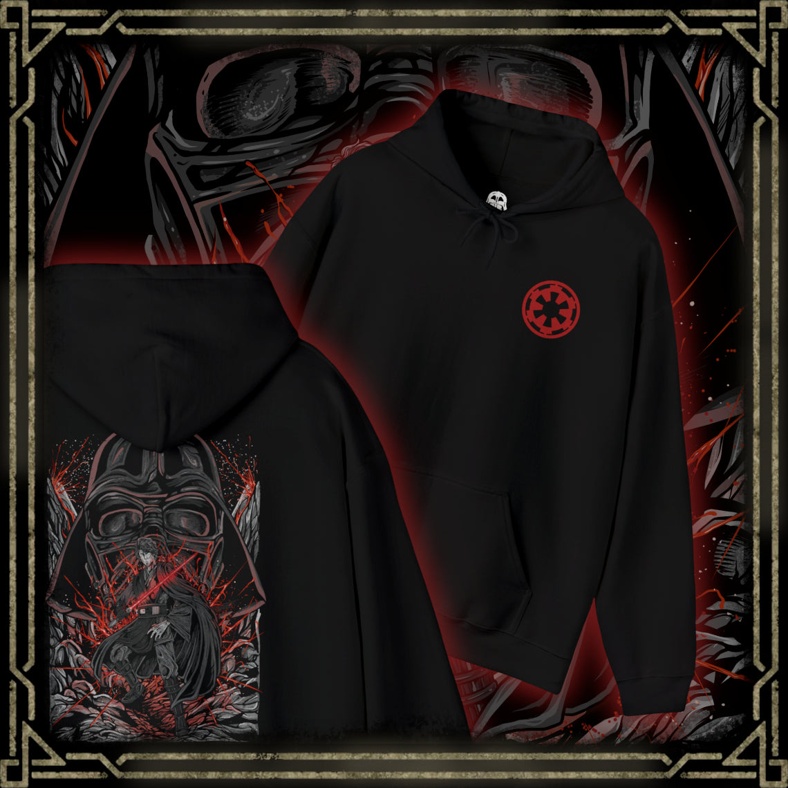 Thumbnail of a Hooded Sweatshirt of Darth Vader looming behind Anakin Skywalker, his shadow cast across a war-torn landscape as echoes of the Clone Wars fade into darkness. Sparks and embers drift through the air as the two identities merge into one tragic figure. The composition highlights duality, fate, and the irreversible path from chosen hero to feared Sith Lord.