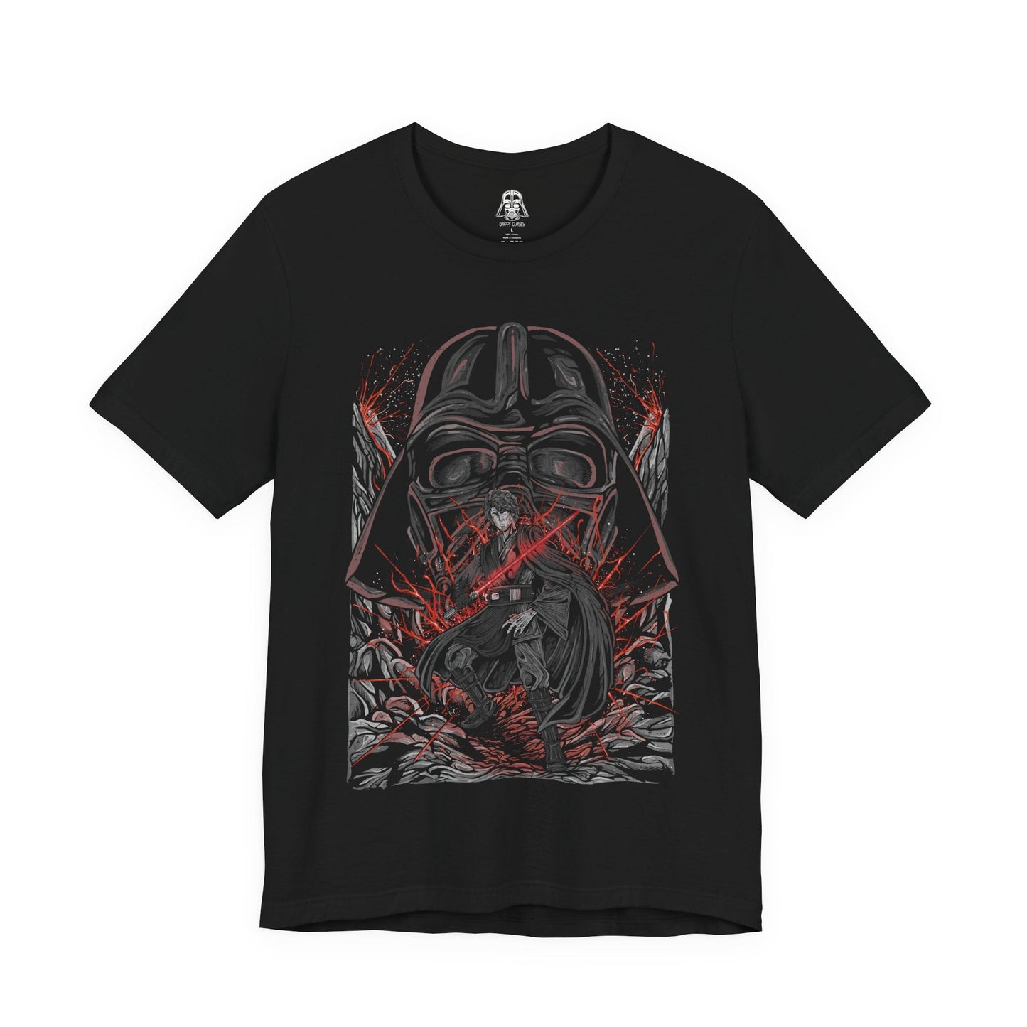 Image 4 of a T-Shirt design of Anakin Skywalker and Darth Vader from Star Wars, standing divided by light and shadow as blue and red lightsabers glow against a darkened battlefield. Anakin’s determined gaze contrasts with Vader’s imposing armored form, symbolizing the tragic fall of a hero. The design captures the transformation, inner conflict, and destiny that reshaped the galaxy.