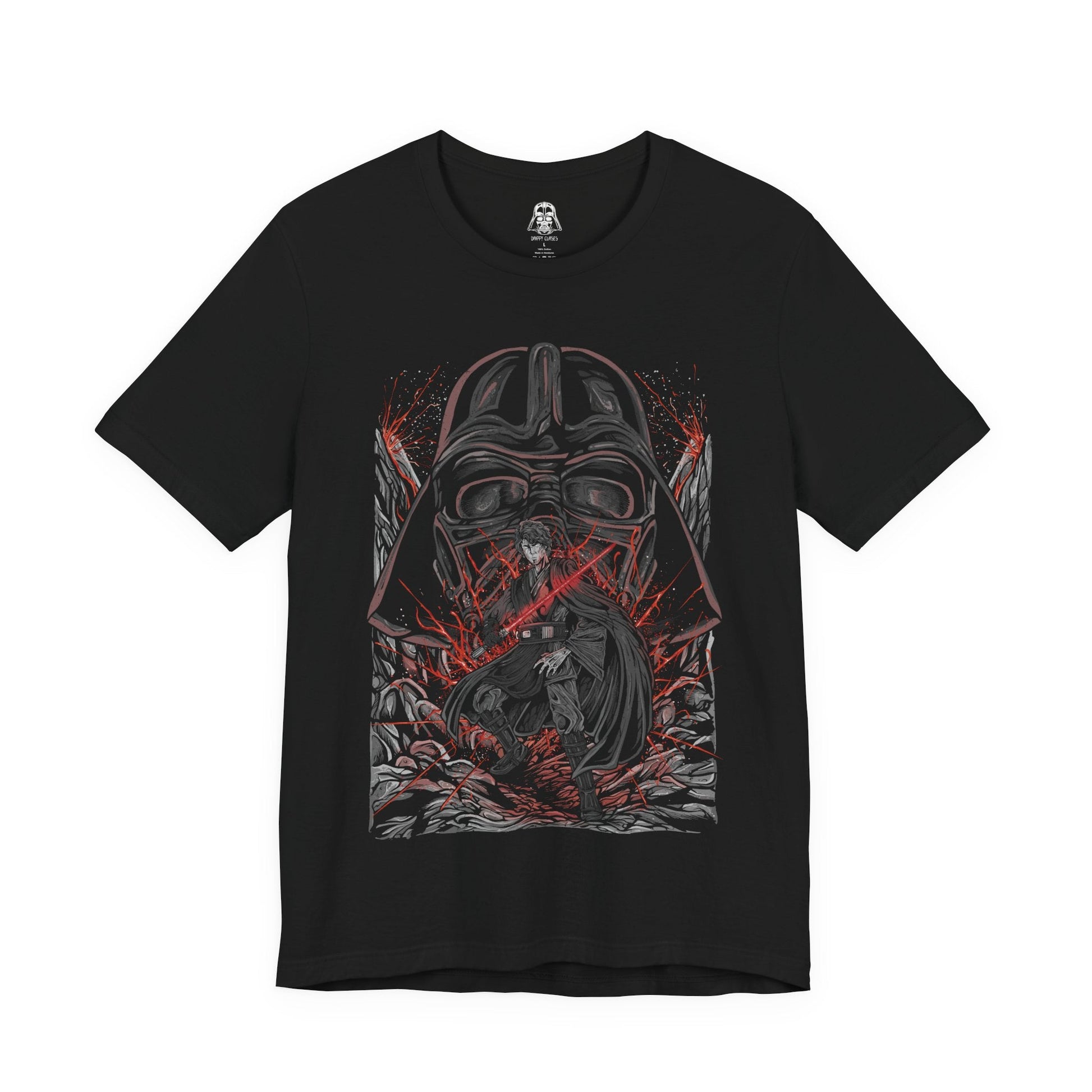 Image 4 of a T-Shirt design of Anakin Skywalker and Darth Vader from Star Wars, standing divided by light and shadow as blue and red lightsabers glow against a darkened battlefield. Anakin’s determined gaze contrasts with Vader’s imposing armored form, symbolizing the tragic fall of a hero. The design captures the transformation, inner conflict, and destiny that reshaped the galaxy.