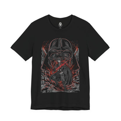 Image 4 of a T-Shirt design of Anakin Skywalker and Darth Vader from Star Wars, standing divided by light and shadow as blue and red lightsabers glow against a darkened battlefield. Anakin’s determined gaze contrasts with Vader’s imposing armored form, symbolizing the tragic fall of a hero. The design captures the transformation, inner conflict, and destiny that reshaped the galaxy.